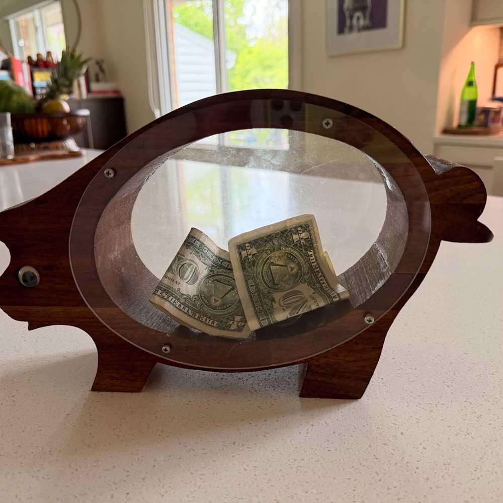 Vintage Handmade MCM Wooden Piggy Bank.  Initial Investment Included 💰😊